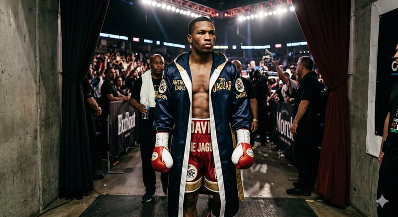 Boxer in an ornate embroidered robe with hood pulled up walking toward the ring under arena lights.